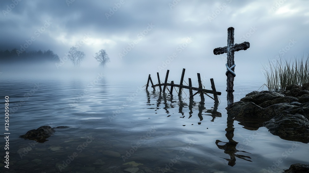 Misty landscape of lost memories ethereal reflections on an abandoned shoreline in wide-angle Misty landscape of lost memories ethereal reflections on an abandoned shoreline in wide-angle