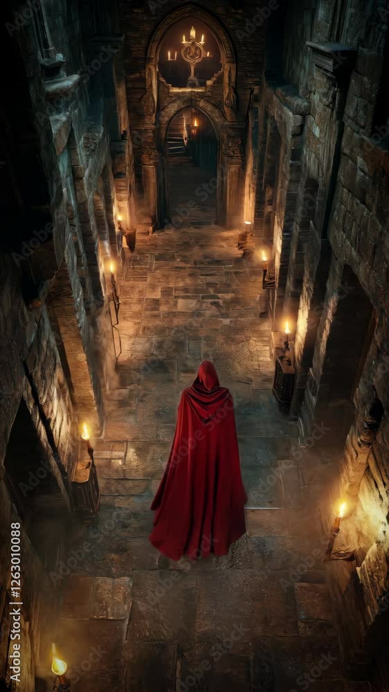 custom made wallpaper toronto digitalA top-down perspective of a fantasy medieval castle chamber interior, with torches lighting the stone floor, creating shadows and highlights, with a cloaked standing figure in a red cape