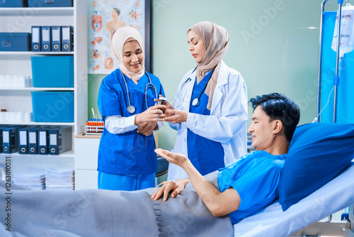 Asian middle-aged man patient rests in a hospital bed while a middle-aged Muslim woman doctor and a middle-aged Asian woman nurse check for diseases like flu and pneumonia, ensuring his recovery. photo