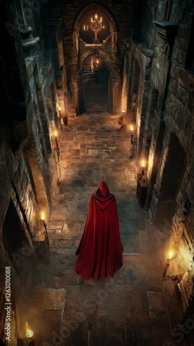 Wallpaper Mural A top-down perspective of a fantasy medieval castle chamber interior, with torches lighting the stone floor, creating shadows and highlights, with a cloaked standing figure in a red cape Torontodigital.ca