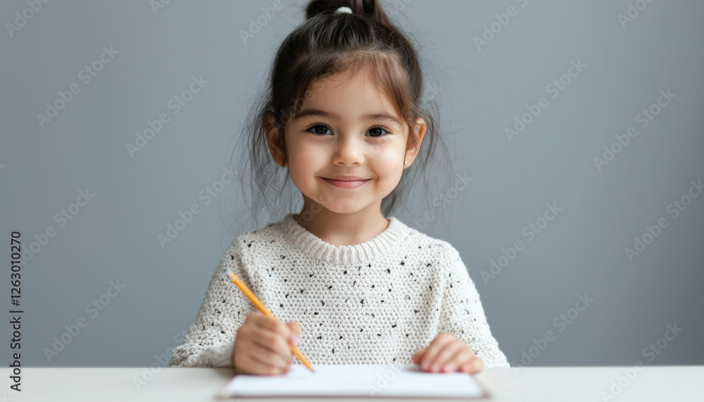 young girl with pencil smiles while drawing on blank page young girl with pencil smiles while drawing on blank page