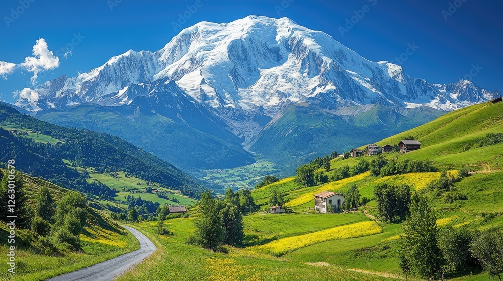 Obraz premium Majestic Mountain Scenery Overlooking Verdant Valley Farms