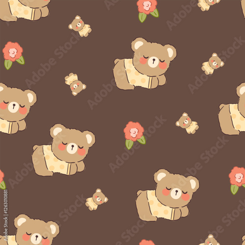 Cute sleeping teddy bear hand drawn with rose on a deep brown dark background, kids seamless pattern.