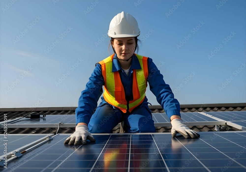 custom made wallpaper toronto digitalA woman engineer wearing a hard hat and safety vest stands in the roof installing solar panels.