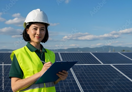 A woman engineer wearing a hard hat and safety vest stands by expansive rows of solar panels, holding a clipboard.