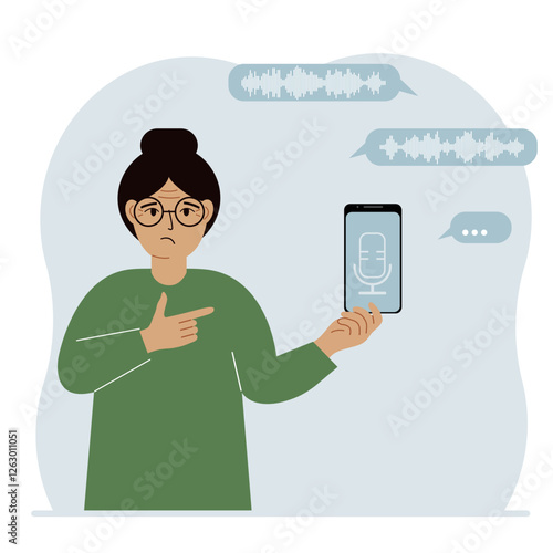 A woman holds a smartphone using a voice assistant application. Voice recognition concept. Smart speaker applications, office controller, hands-free phone calls, voice command software.