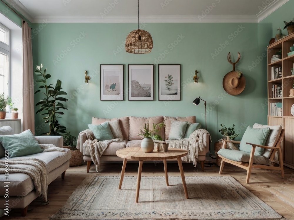 Fototapeta premium Serene Living Room Decor Featuring Neutral Tones And Greenery