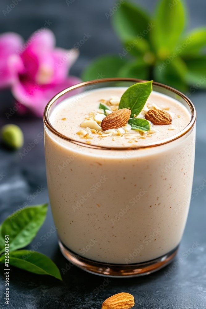 Traditional Badam Milk Served in a Copper Glass with Garnish Traditional Badam Milk Served in a Copper Glass with Garnish