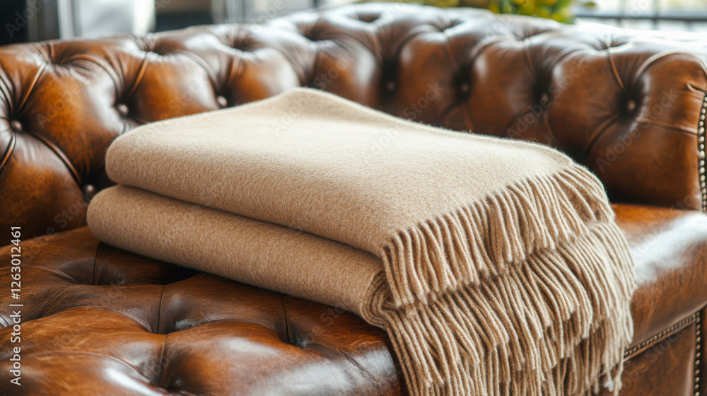 Fototapeta premium Cashmere throw blanket elegantly folded on a leather couch in a warm and inviting living room setting during the afternoon