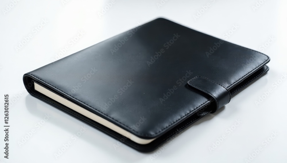 Sleek black leather notebook case, pristine white backdrop , detail, elegant, handmade Sleek black leather notebook case, pristine white backdrop , detail, elegant, handmade