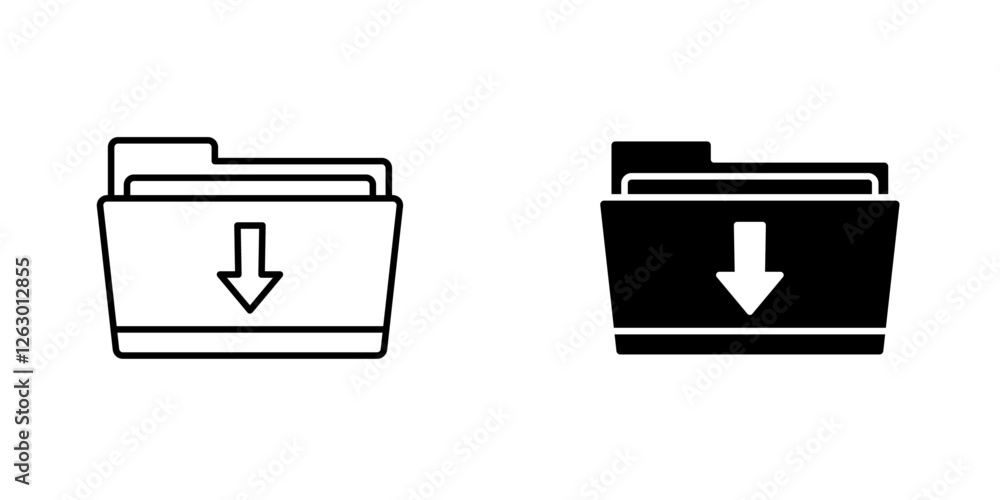 Folder download vectors icons set in filled and strokes on white background Folder download vectors icons set in filled and strokes on white background