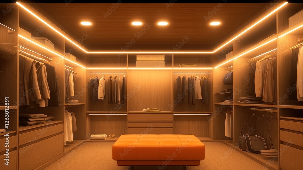 Fototapeta premium Modern walk-in closet, warm lighting, organized clothes, empty space