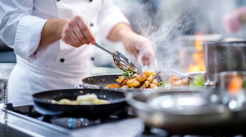 A professional chef cooking a multi-course meal for a fine dining event, focusing on every stage of preparation.