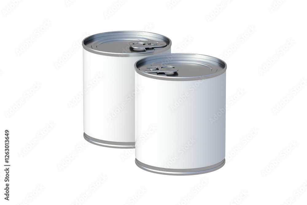 Metal tins with canned food isolated on white background. Cat, dog nutrition. Preserved vegetables. Reserve of provisions. Touristic meal. 3d render Metal tins with canned food isolated on white background. Cat, dog nutrition. Preserved vegetables. Reserve of provisions. Touristic meal. 3d render
