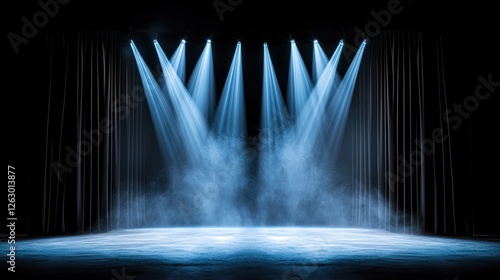 A dramatic stage with illuminated spotlights shining down on a misty floor, creating an atmospheric and captivating performance space.