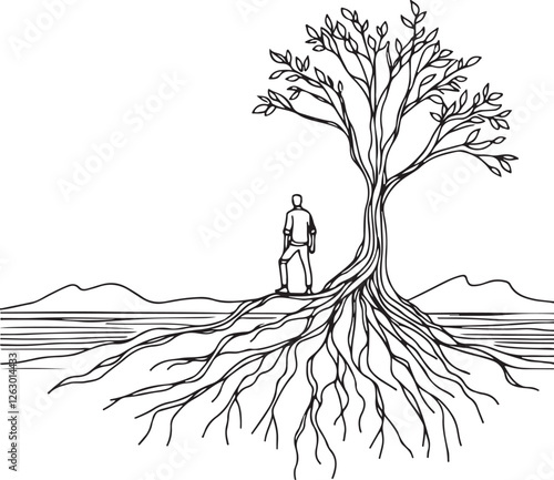 Man Standing on Tree Roots – Simple Line Drawing Vector