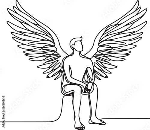 Angel-Inspired Man with Big Wings – Simple Line Drawing Vector
