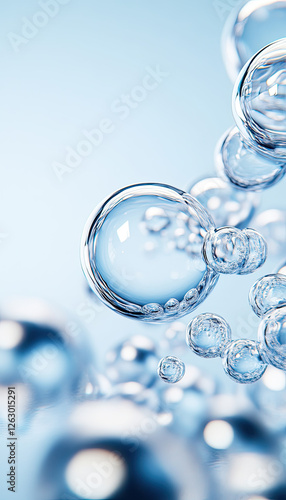 A close-up image of transparent bubbles against a soft blue background, creating a serene and refreshing atmosphere.