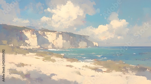 A serene beach scene showcases white cliffs meeting the turquoise ocean under a partly cloudy, light blue sky. The sandy shore leads towards gentle, lapping waves.