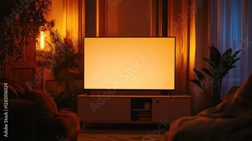 Cozy Living Room at Night with Blank TV Screen for Mockup and Comfortable Armchairs, Warm Interior Lighting