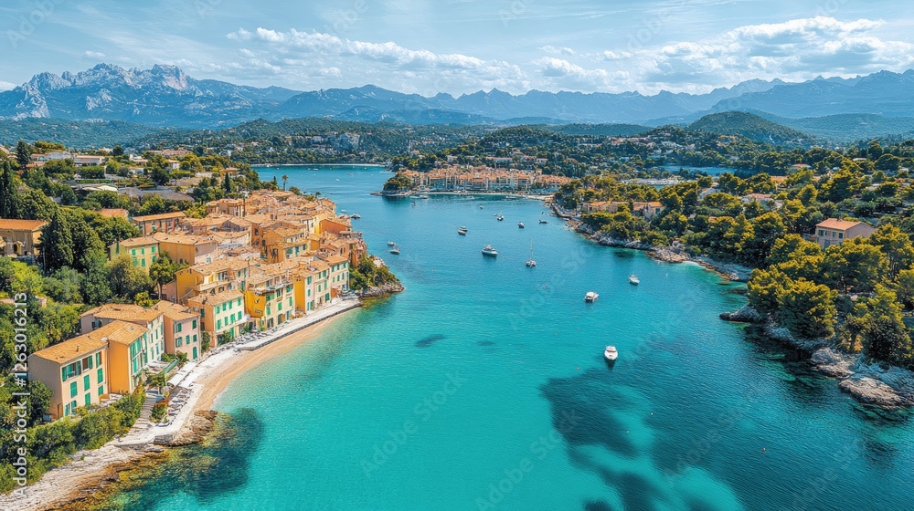 Fototapeta premium Coastal Town nestled in a Bay with Mountain Views