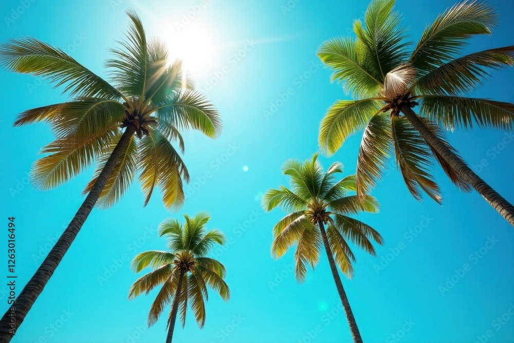 Fototapeta premium Tall palms against a cloudless azure sky, sunlight filtering through fronds , coast, sky