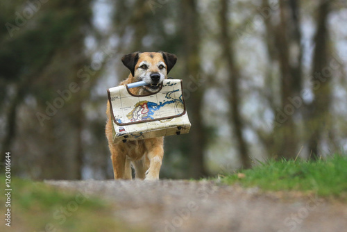 Beiger Hund apportiert Tasche mit Weltkarte photo