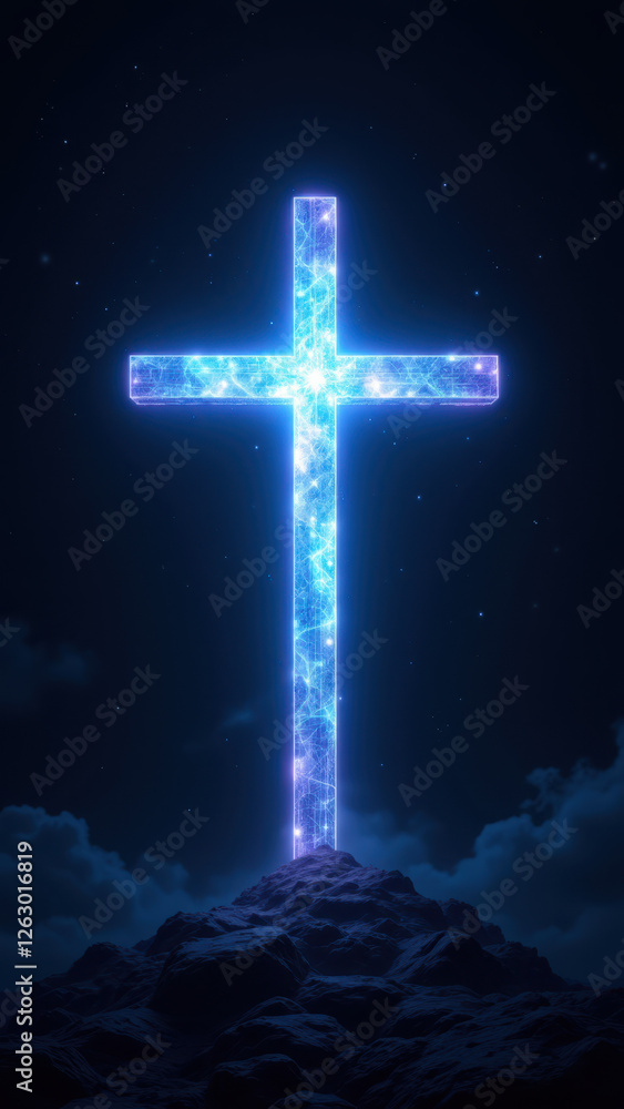 Illustration of a glowing cross on a cliff at night with a starry sky. Illustration of a glowing cross on a cliff at night with a starry sky.