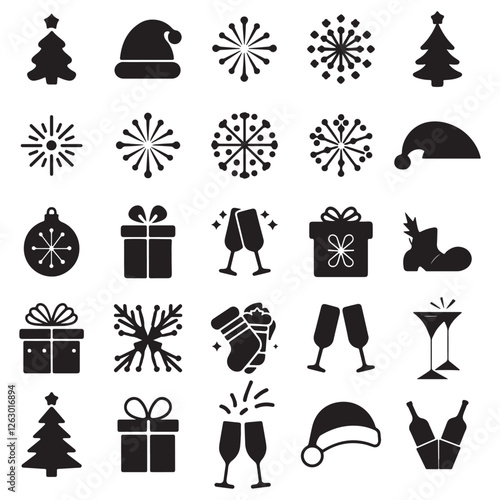 Festive and decorative silhouette icons for Christmas, New Year, and special celebrations, featuring a Christmas tree, Santa hat, fireworks, gift box, and champagne glasses Simple and aesthetic