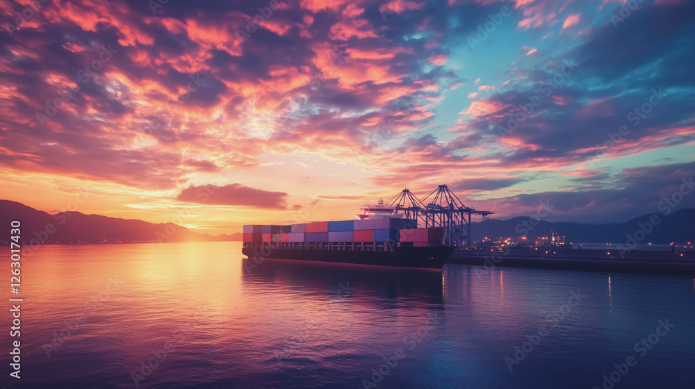 Container truck in ship port for business Logistics and transportation of Container Cargo ship and Cargo plane with working crane bridge in shipyard at sunrise, logistic import export and transport Container truck in ship port for business Logistics and transportation of Container Cargo ship and Cargo plane with working crane bridge in shipyard at sunrise, logistic import export and transport