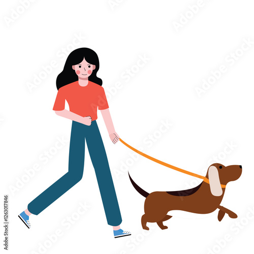 Woman running with dog. Flat design vector illustration isolated on white background