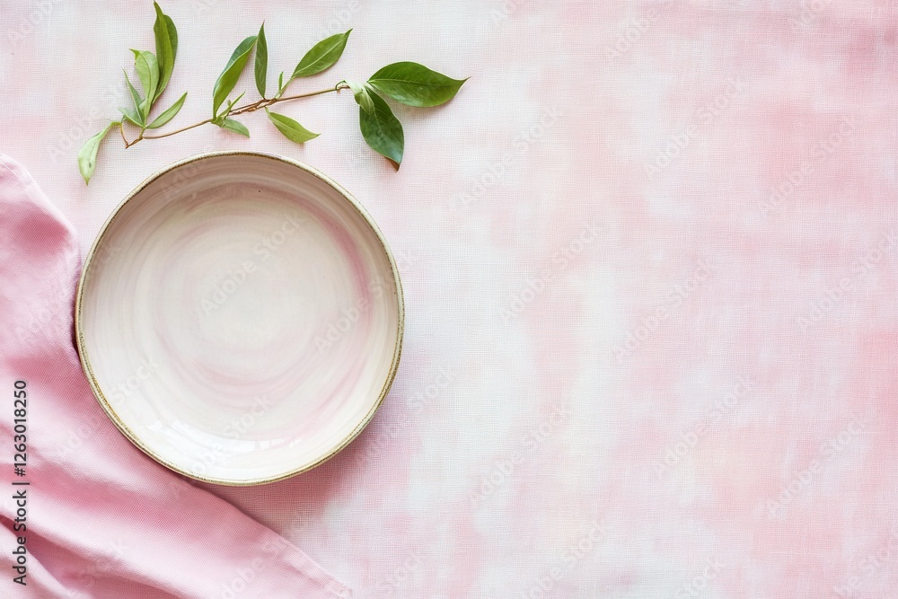 Elegant Pink Table Setting Empty Plate, Linen Napkin, and Green Leaves on Textured Background