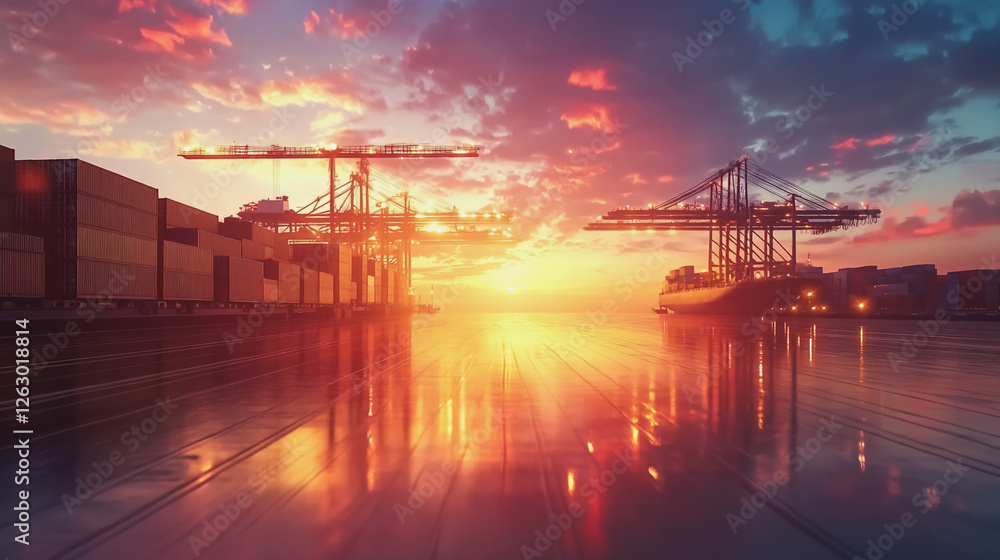 Container truck in ship port for business Logistics and transportation of Container Cargo ship and Cargo plane with working crane bridge in shipyard at sunrise, logistic import export and transport Container truck in ship port for business Logistics and transportation of Container Cargo ship and Cargo plane with working crane bridge in shipyard at sunrise, logistic import export and transport