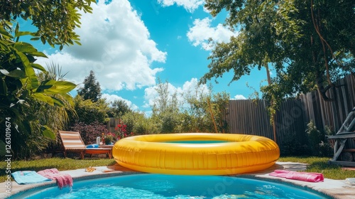 A backyard oasis with a yellow inflatable pool, colorful towels, and a picture-perfect blue sky.
