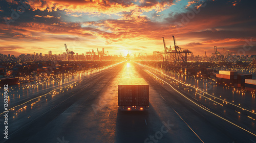 Container truck in ship port for business Logistics and transportation of Container Cargo ship and Cargo plane with working crane bridge in shipyard at sunrise, logistic import export and transport