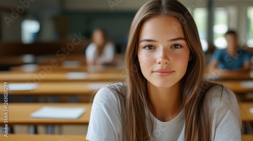 Focused young woman in academic attire