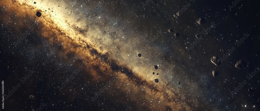 Fototapeta premium Dramatic Galaxy with Asteroid Field, Stars, and Cosmic Dust A Panoramic Space Scene.