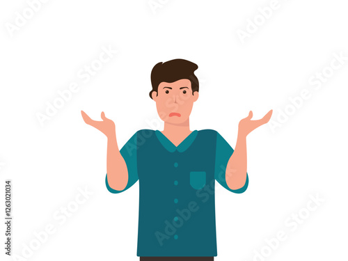 Confused young man shrugging shoulders and spreading his hands. Concept for confusion, problems,  blaming someone and playing the innocent. vector and illustration.
