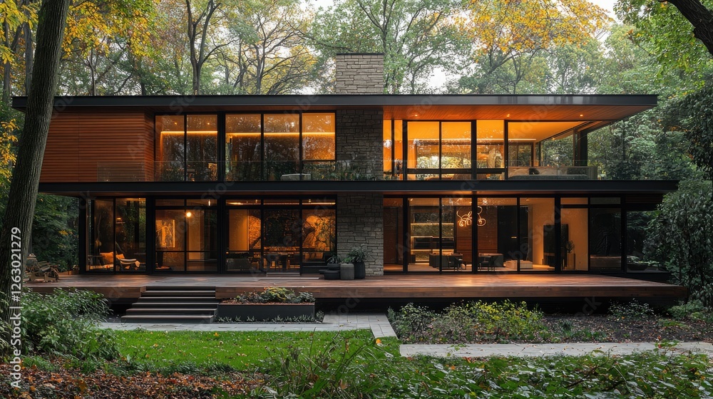 Obraz premium Modern Two Story House Nestled In Autumn Woods