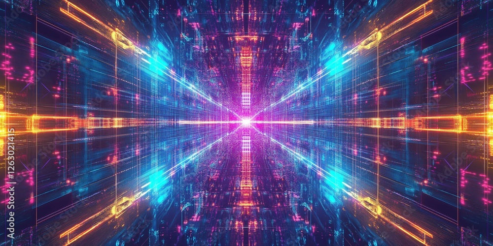 Abstract background showcasing vibrant digital connections illuminated by neon lines and soft glows, creating a seamless futuristic grid in a cybernetic environment Abstract background showcasing vibrant digital connections illuminated by neon lines and soft glows, creating a seamless futuristic grid in a cybernetic environment