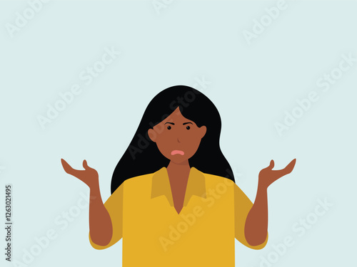 Confused young black woman shrugging shoulders and spreading his hands. Concept for confusion, problems,  blaming someone and playing the innocent. vector and illustration.