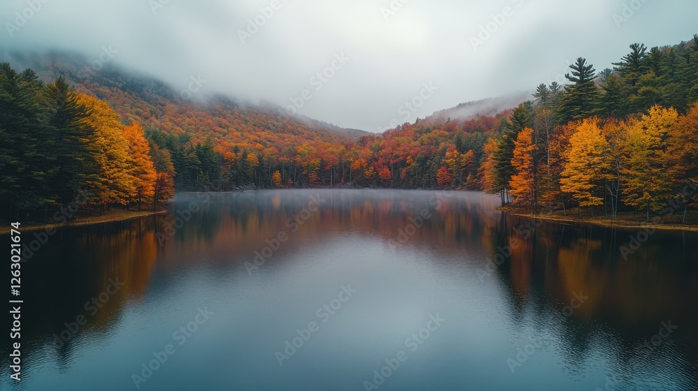 Obraz premium Serene mountain lake surrounded by autumn-colored trees and misty fog, creating a peaceful, natural escape.