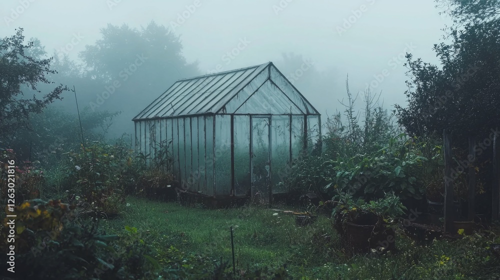 Misty Morning View of Abandoned Greenhouse Surrounded by Plants Misty Morning View of Abandoned Greenhouse Surrounded by Plants