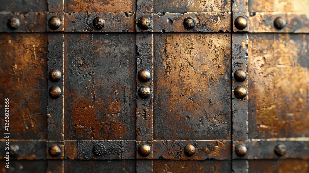 Textured Metal Surface with Rusty Plates and Rivets Background Textured Metal Surface with Rusty Plates and Rivets Background