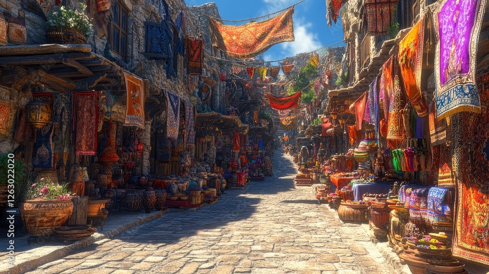 Obraz premium Colorful Carpets Hang In Sunny Stone Market Street