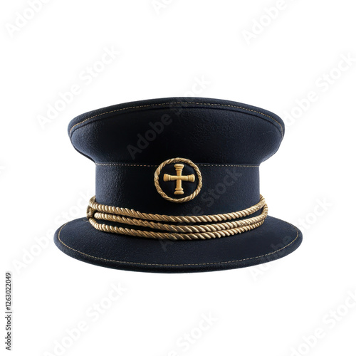 Classic Navy Captain Hat with Gold Rope Trim and Emblem on White Background photo