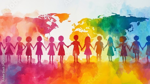 Wallpaper Mural Children Holding Hands In Front Of A Colorful World Map, Symbolising Unity And Diversity. Watercolor Style. Torontodigital.ca