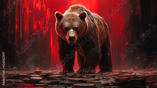 A bear standing on a pile of coins against a collapsing red market background, symbolizing a bear market.