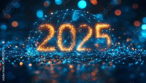 2025 vision concept with bold 2025 text on a blueblack background, glowing global network circle with digital connections, technologyforward design, copy space, 8K UHD photo