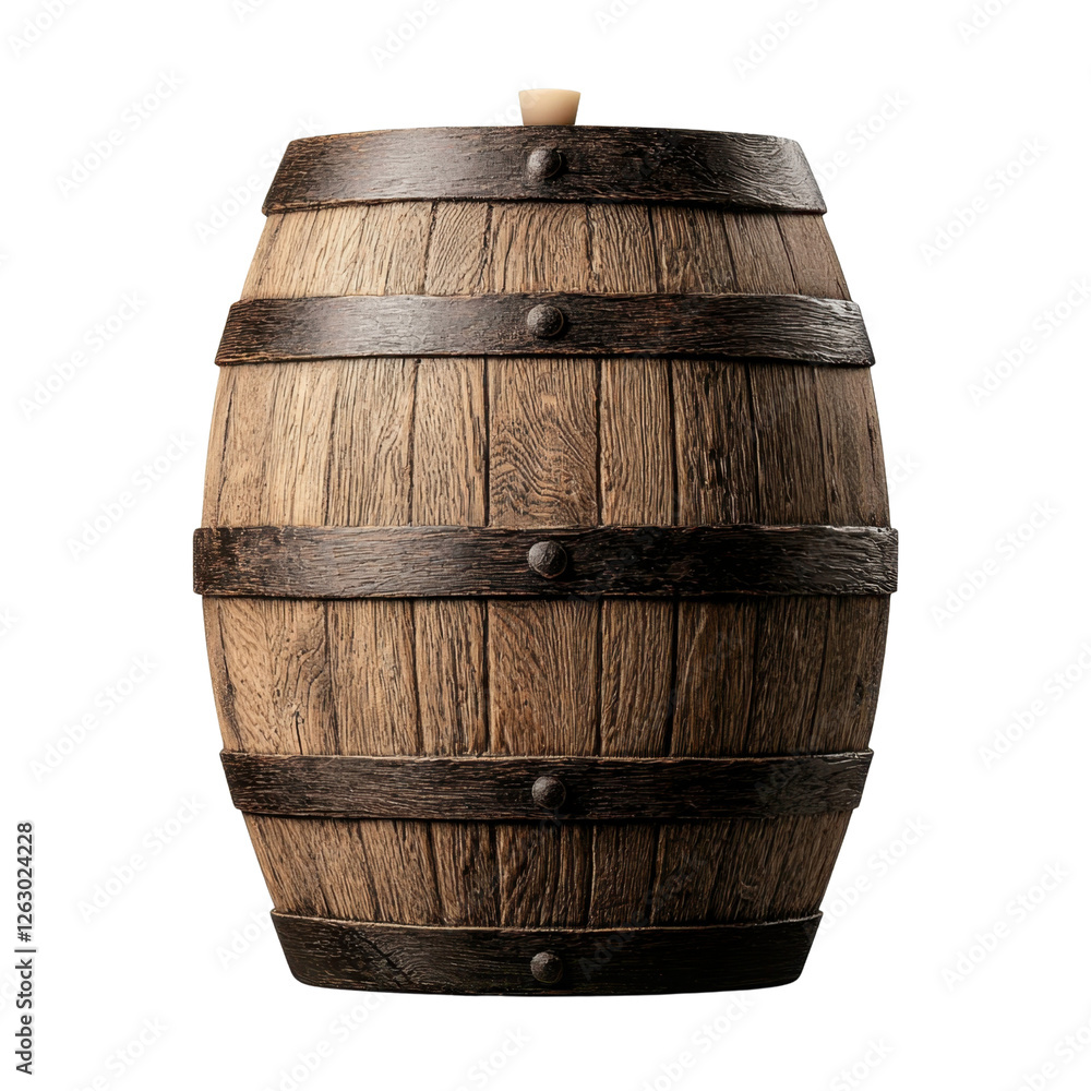 Obraz premium Rustic Wooden Barrel with Metal Bands Set Against a Plain Background for Beverage Storage and Decoration